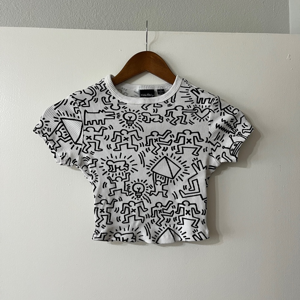 Womens crop top Keith Haring Print T-Shirt - Black and White